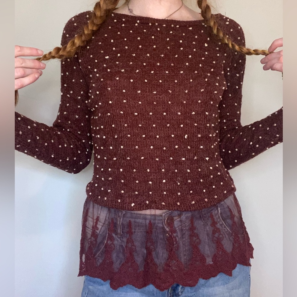 Altar’d State Burgundy Polka Dot Lace Bottom Women’s Small Sweater